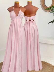 SHEIN CURVE+ New Vacation Elegant Sexy Beach Resort Textured Fabric Deep V Neck Ruffle Trim Spaghetti Strap Dress, Waist Cinched, Flattering, Spring/Summer - Pink - View 2