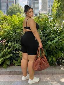 SHEIN CURVE+ 大码女式纯色紧身裤，黑色短裤，性感迷人 - 黑色 - 查看 5