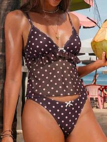 Swim Mod Conjunto de traje de baño tankini de 2 piezas con estampado de lunares, tirantes finos, decoración de lazo con volantes y top triangular, talla estándar para mujer - Café integral - Ver 5