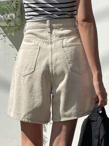 DAZY High Waist Plicated Detail Wide Leg Denim Shorts Jorts - Beige - View 2