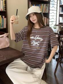 TOM AND JERRY X DAZY Áo thun nữ cổ tròn kẻ sọc tay ngắn in hình hoạt hình dễ thương - Nhiều màu - Xem 7