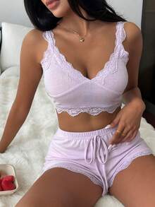 DAZY 2pcs Lace Patchwork Cropped Camisole And Shorts Pajama Set For Women, Summer - Purple - View 8