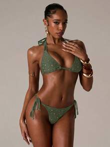 SHEIN BAE Women's Vacation Casual Rivet Halter Bikini Set - Army Green - View 4