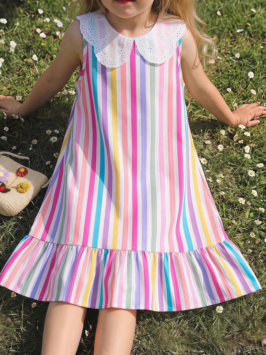 SHEIN 女童条纹翻领无袖休闲连衣裙 - 粉色 - 查看 1
