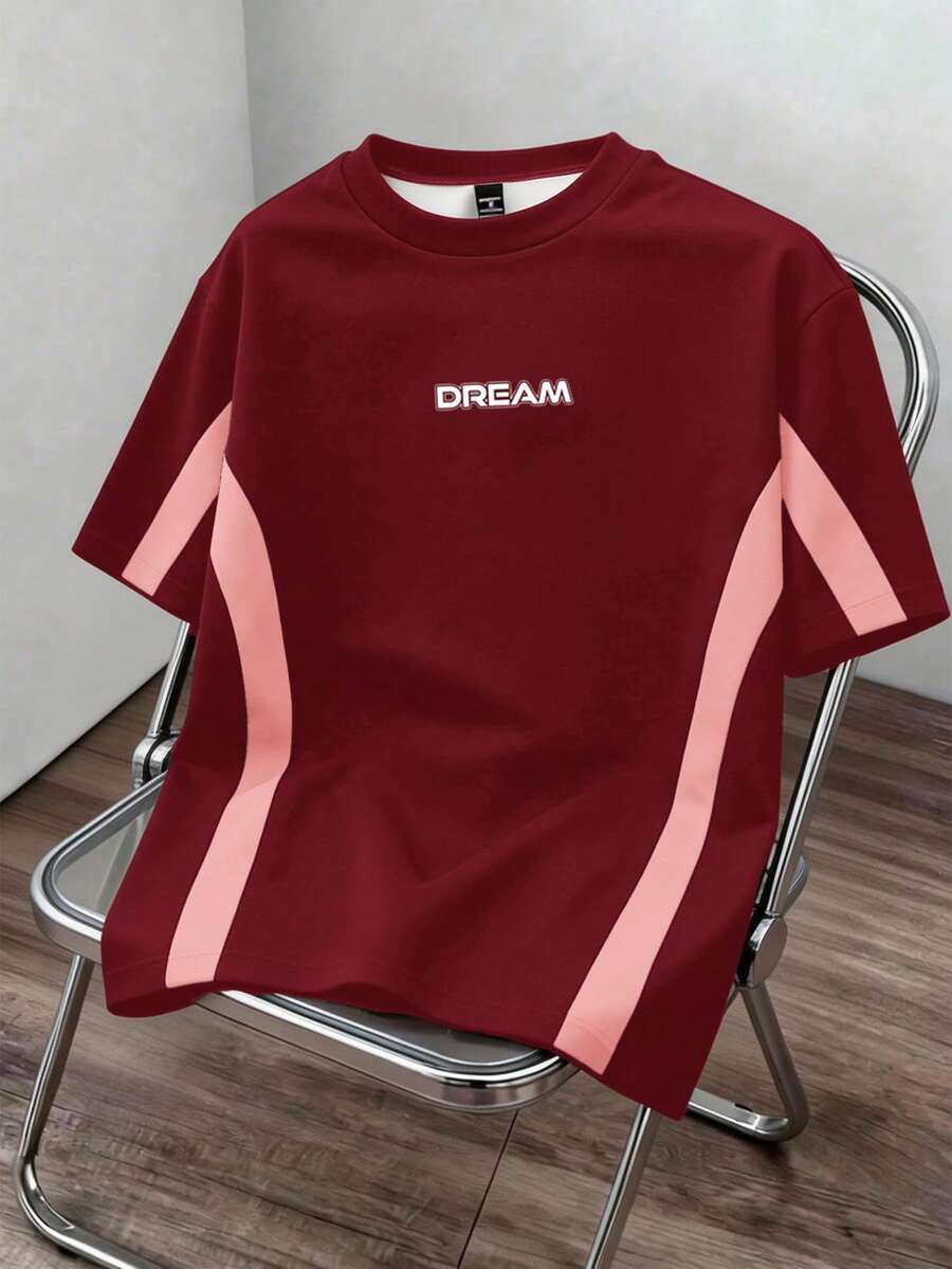 Manfinity Joysei Men's Contrast Color Round Neck Short Sleeve Casual T-Shirt, Versatile For Summer, Holiday - Red - View 1