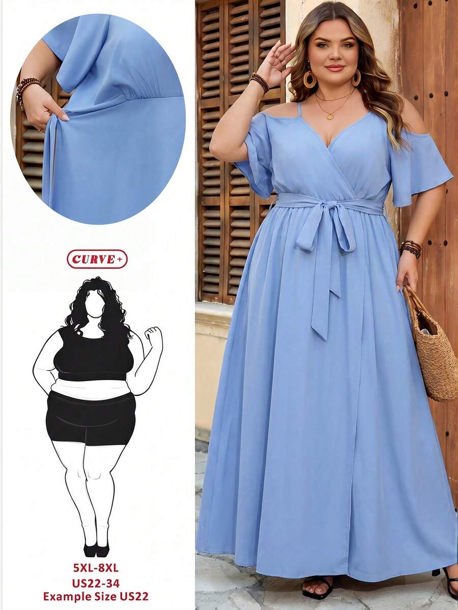 SHEIN CURVE+ Curve 尺码 US22 音乐节、海滨度假、波西米亚风女士夏季休闲度假风纯色露肩高开衩腰带连衣裙 - 淺藍色 - 查看 1