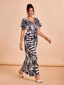 Shutterstock Glamance Plant Print V-Neck Batwing Sleeve Jumpsuit, Slimming Wide Leg, Suitable For Outing, Work Vacation, Office, Daily Gathering White Summer Tropical - Black and White - View 4