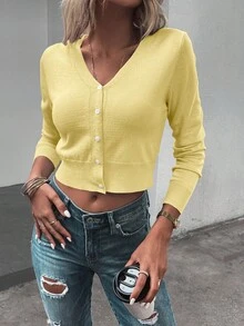Pariaura Cárdigan corto de color liso casual, versátil para primavera y otoño - Amarillo claro - Ver 3