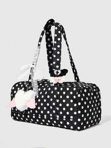 ROMWE Anime 1Pc Black Y2k Retro College Wind Polka Dot Printing Pattern With Lace Cross Love Wing Card Cover Pendant Decorative Design Multi-Functional Multi-Pocket Shoulder Tote Bag, Fashionable And Simple Women's Shoulder Bag, Suitable For Daily, College, Shopping, Travel, Dating, Etc - Black - View 6