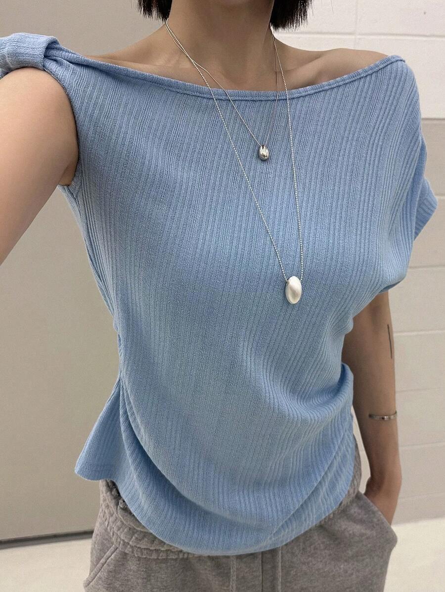 DAZY Solid Color Asymmetrical Shoulder Casual Sexy Summer T-Shirt For Women Vacation Golf Pastal School - Blue - View 1