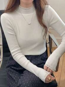 DAZY Women's 2 In 1 Solid Color Knit Long Sleeve Sweater,Long Sleeve Tops,Fall Women Clothes - Apricot - View 2