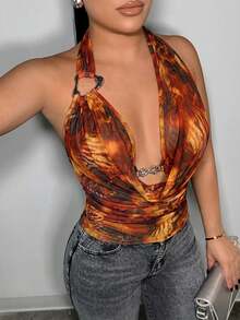 SHEIN SXY Animal Print Metal Buckle Cowl Neck Backless Halter Top - Multicolor - View 3