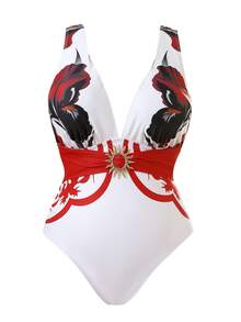Swim Oasis 大码女士连体泳衣/分体泳衣，数码印花花卉图案，适合夏季海滩度假 - 彩色 - 查看 4