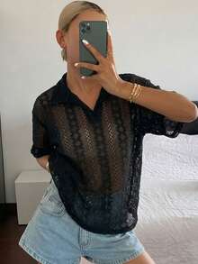 DAZY 女款蕾絲紋理寬鬆套頭休閒襯衫，翻領設計，夏季款 - 黑色 - 查看 2