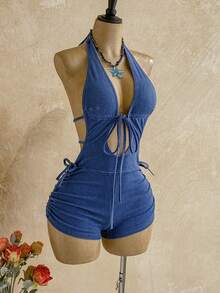 Soleia Women's Backless Halter Denim Romper - Blue - View 7