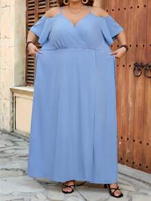 SHEIN CURVE+ Curve 尺码 US22 音乐节、海滨度假、波西米亚风女士夏季休闲度假风纯色露肩高开衩腰带连衣裙 - 淺藍色 - 查看 4