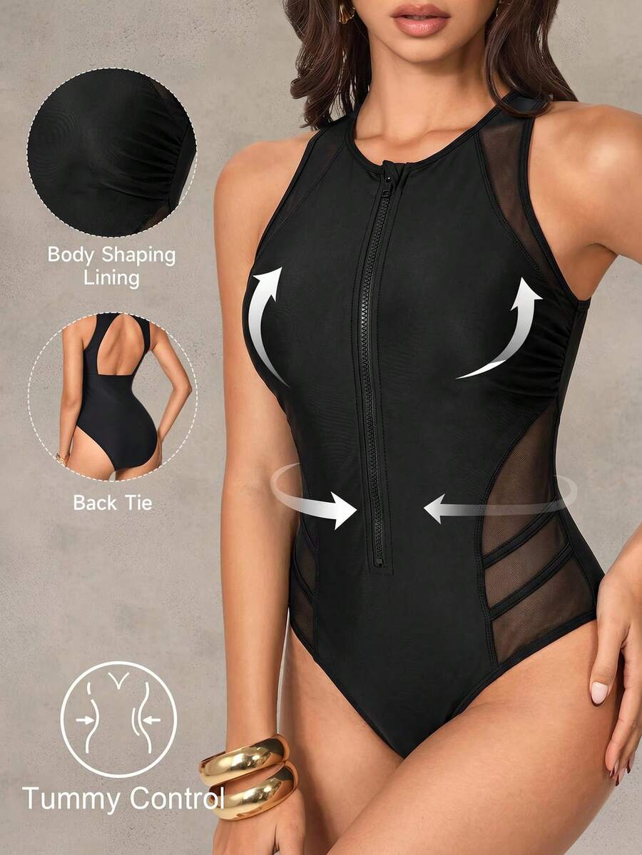 Shapewave Women's Summer Beach Vacation Backless Splice Sheer Mesh Zipper Front One-Piece Swimsuit - Black - View 1