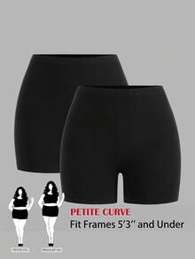 SHEIN PETITE CURVE 大尺碼女款小個子黑色夏季哥德風健身單車短褲，高腰休閒純色，優雅日常穿著度假款 - 黑色 - 查看 2