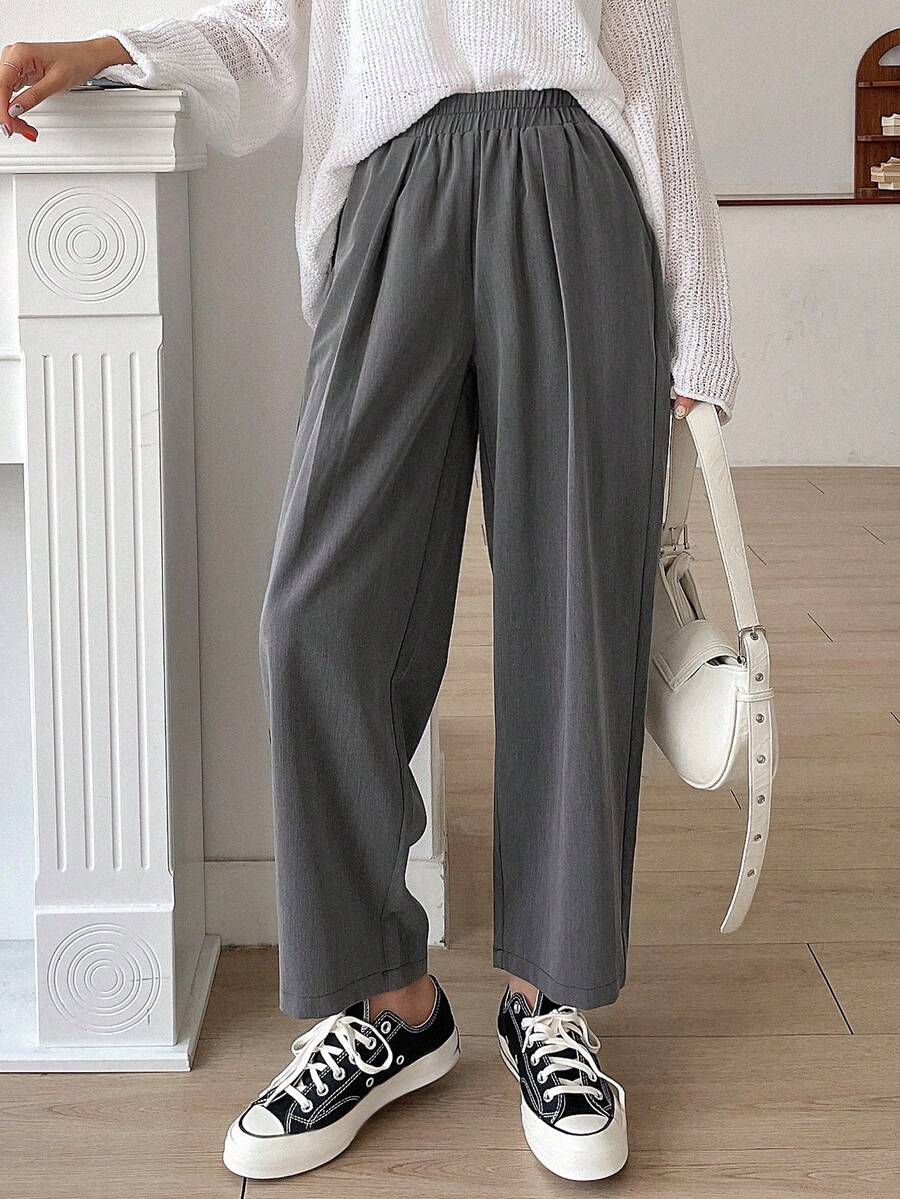 DAZY Business Casual Regular Waist Elastic Waist Plain Trousers - Dark Grey - View 1