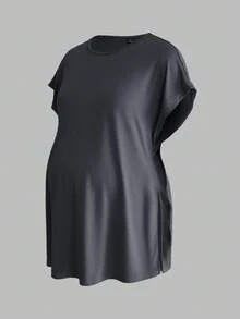 Modmama Camiseta casual de maternidad de unicolor, cuello redondo y manga corta - Gris Oscuro - Ver 11