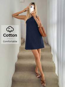 Easowa Vestido Casual Curto Feminino de Cor Sólida com Gola Assimétrica e Sem Mangas, Verão - Azul Marinho - Visão 5