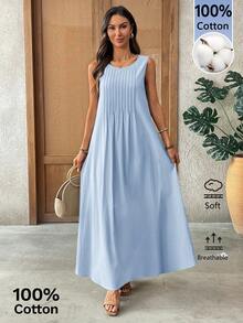 EMERY ROSE Women's Solid Color Round Neck Pleated Design Casual Sleeveless Dress - Baby Blue - View 7