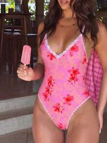 Swim Vcay Pink Floral V-Neck One-Piece Swimsuit,European Style Push Up,Adjustable Straps,Summer Tropical Beach Holiday Vacation,Cute Sweet Spa Birthday Party - Pink - View 8