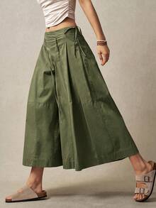 Bohemela Women's Solid Color Tie-Waist Loose Wide-Leg Pants, Vacation - Army Green - View 6