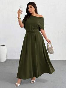 Firerie Plus Size Women Vacation Asymmetric Shoulder Fashionable Ruffle Dress - Army Green - View 1