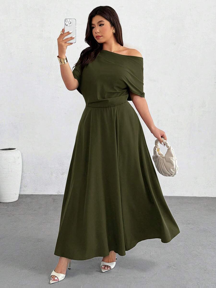 Firerie Plus Size Women Vacation Asymmetric Shoulder Fashionable Ruffle Dress - Army Green - View 1