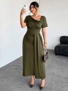 Firerie Plus Size Women's Spring/Summer New Oblique Collar Ruffle Hem Asymmetrical Design Vacation Casual Waist Cinching Elegant Short Sleeve Dress - Army Green - View 7