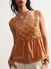 Bohemela Áo camisole nữ dệt họa tiết phối ren, kiểu dáng thường ngày. - trái cam - Xem 5
