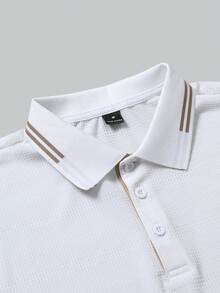 Manfinity Homme 男士休閒條紋飾邊紋理布料短袖 Polo 衫，適合日常穿著、通勤與正式場合 - 白色 - 查看 5