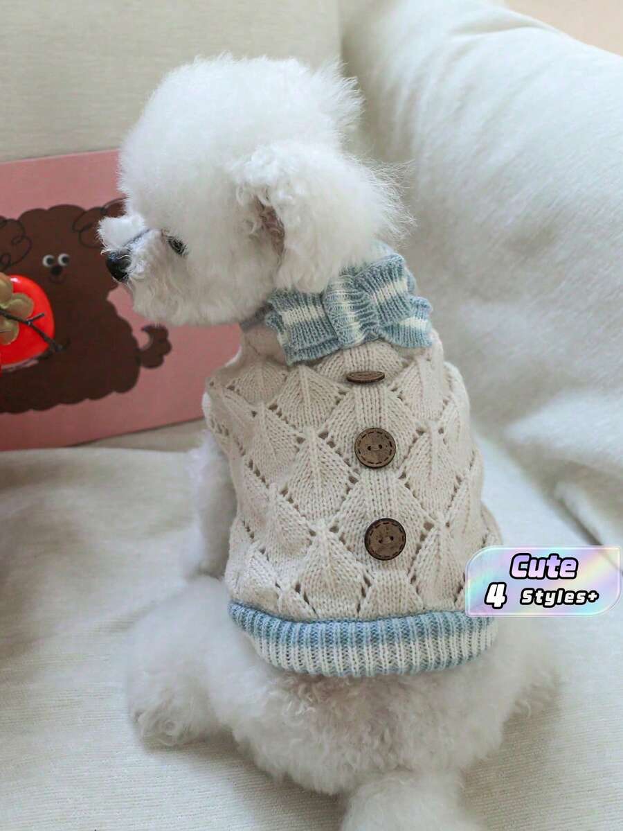 1件宠物衣服,狗狗/猫咪快乐小狗休闲时尚可爱舒适镂空针织毛衣 - 蓝白 - 彩色 - 查看 1