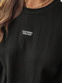 SHEIN EZwear 大码女装两件套，拼接撞色短袖上衣和裤子，休闲日常穿着 - 黑色 - 查看 7