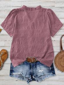 SHEIN CURVE+ Plus Size Women's Solid Color Textured V-Neck Short Sleeve Casual Regular Shirt, Suitable For Outings And Vacations, Spring/Summer Tops - Dusty Pink - View 2