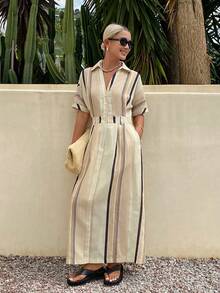 Livesso Damenlanges gestreiftes Kleid mit Revers-V-Ausschnitt und taillierter Taille Sommerkleid - Khaki - Übersicht 6