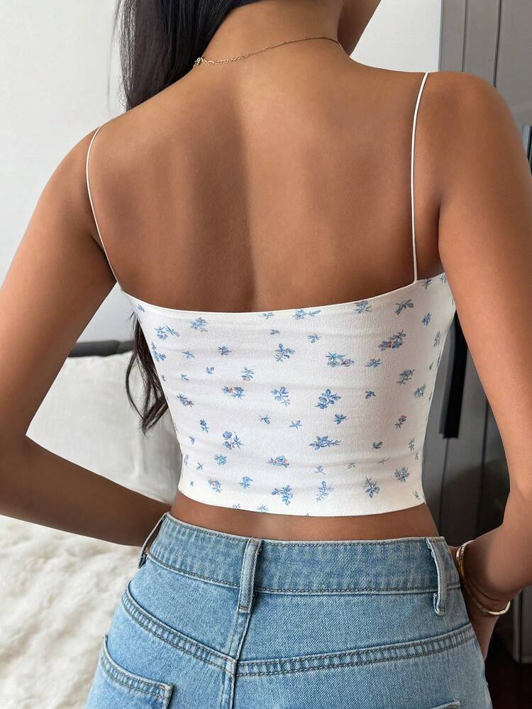 Sweet Ditsy Floral Sleeveless Camisole Top With Padded Bust For Women