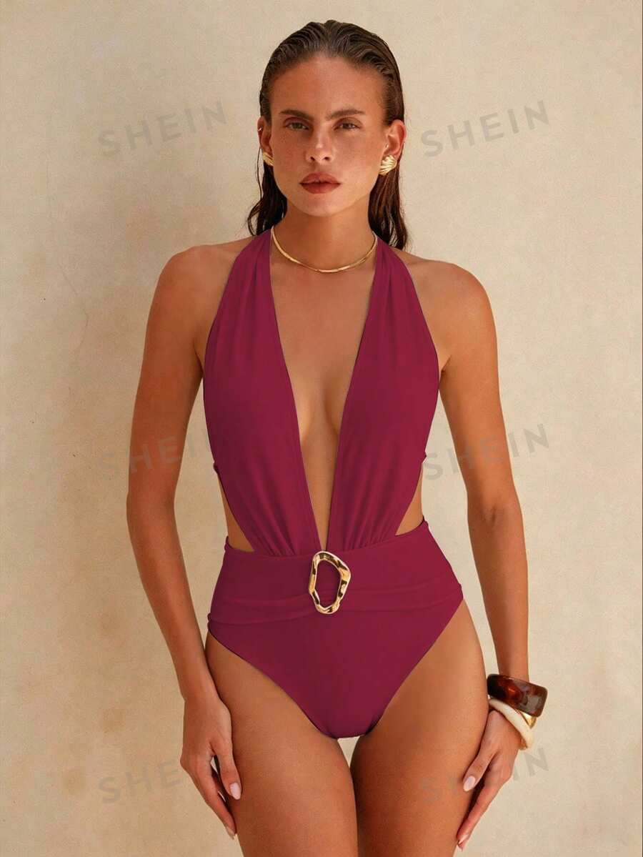 Swim Chiccia 女士纯色连体泳衣,适合海滩度假和夏季穿着 - 酒紅色 - 查看 1