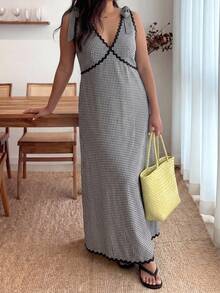 Enliva Đầm midi không tay phối màu kẻ caro size lớn, phong cách thời trang thường ngày cho kỳ nghỉ hè, phù hợp với phụ nữ dáng quả táo và dáng tròn - Đen và trắng - Xem 4