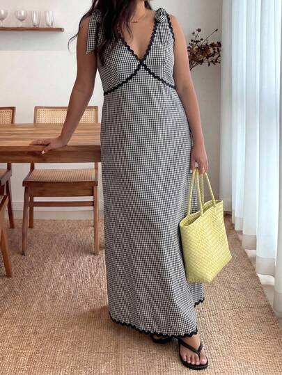 Enliva Vestido midi sin mangas con bloques de color y estampado a cuadros para tallas grandes, estilo elegante y casual para vacaciones de verano, compatible con mujeres de Body tipo manzana y figura redonda.