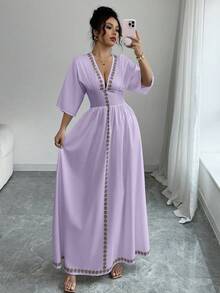 Rafferiza Robe dos nu à manches mi-longues avec motif floral élégant pour femme, style moyen-oriental - Prune - Voir 2