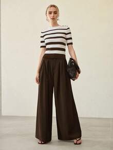 MOTF PREMIUM BUTTON DECOR STRIPED SHORT SLEEVE KNIT TOP - Coffee Brown - View 5