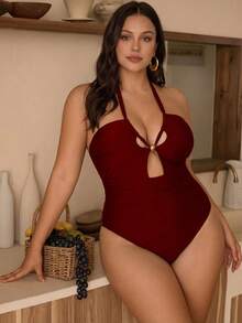 Swim Chiccia 2026夏季新款时尚性感露背棕色纯色连体泳衣沙滩装（大码女装） - 酒紅色 - 查看 3