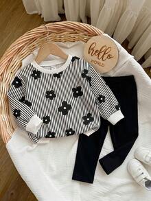 SHEIN Babygirl Cute Floral & Striped Pattern Sweatshirt And Elastic Waist Pants Set - Black and White - View 4