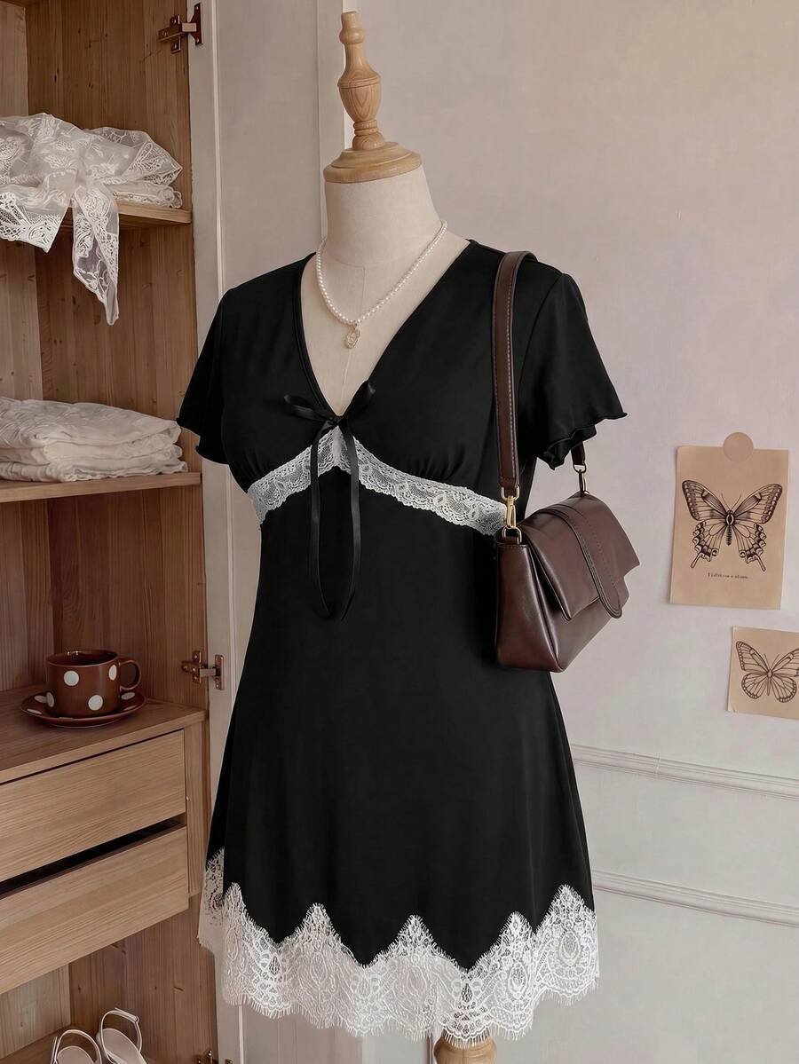 Comfortcana EZwear 大尺碼 V 領豹紋休閒洋裝,適合春/夏、婚禮賓客、度假、海灘、日常、節慶、生日及其他場合 - 黑色 - 查看 1