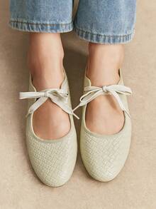 Rosivie French Elegant Commuting Round Toe Lace-Up Woven Flat Shoes For Women For Christmas - Light khaki - View 9