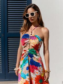 Vivid Eden Vestido de gasa con estampado para primavera y verano con cuello de halter para mujeres - Multicolor - Ver 4