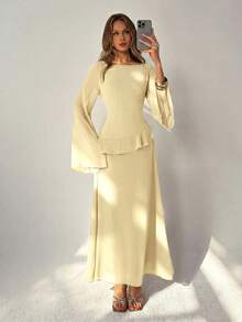 Aloruh Women's Elegant One-Shoulder Flare Sleeve Ruffle Cinched Waist Back Dress, Pale Yellow Gala Dinner Summer,Wedding Guest Clothes,Wedding Guest Dress Women - Light Yellow - View 9