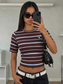 Áo thun ngắn dáng crop casual cổ tròn tay ngắn nhún eo chiết eo màu trắng dệt kim cho nữ thiếu niên - Nhiều màu - Xem 3